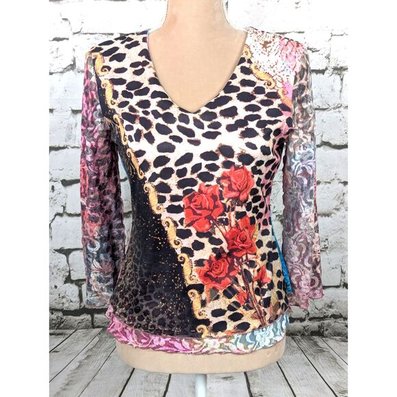 Reversible Y2K 90s Phoebe Buffay Stretch Mesh Floral Animal Print Top Small - Picture 3 of 7